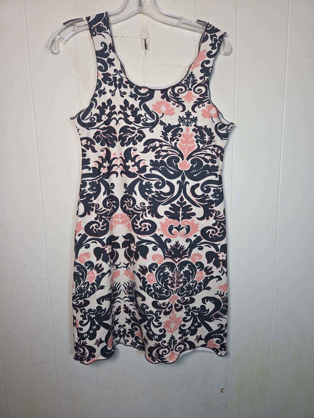 Haystacks Navy White Pink Damask Print Lettuce Hem Tank Dress Sz Medium Michigan - Picture 1 of 15